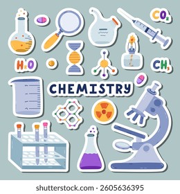 Cute sticker set with cartoon chemistry, science and laboratory clipart for planners, notebooks. Ready for print list of cute stickers. Lab equipment for chemical, genetic, medical experiment, study.