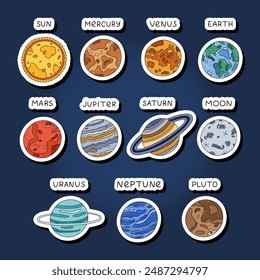 Cute sticker set with childish planets, stars, satellite of Solar System for kids education, decorating of diary, infographic. Ready for print list of hand drawn stickers with celestial bodies.