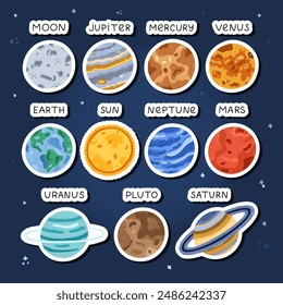 Cute sticker set with childish stars, planets of Solar System for kids education, decorating of diary, infographic. Ready for print list of hand drawn stickers with astronomy celestial bodies.