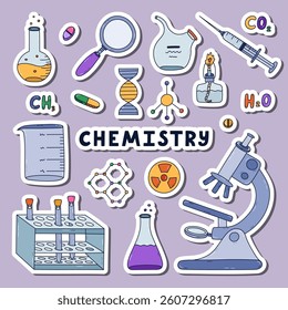 Cute sticker set with colorful doodle chemistry, science and laboratory clipart for planners, notebooks. Ready for print list of cute stickers. Lab equipment for chemical, genetic experiment, study.