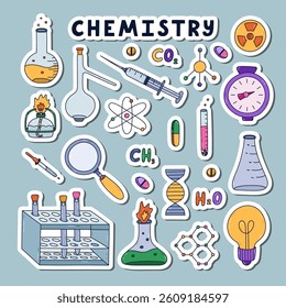 Cute sticker set with colorful doodle chemistry, science and laboratory clipart for planners, notebooks. Ready for print list of stickers. Lab equipment for chemical, genetic, medical experiment.