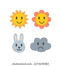 Cute sticker set. Colorful labels or badges with sun, flower, bunny and cloud. Decorative elements for personal diary, planner or journal. Cartoon flat vector collection isolated on white background
