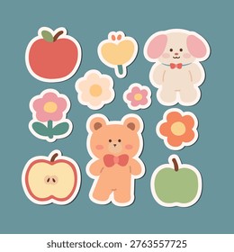 Cute Sticker Set of Cute Dog And Bear With Flower And Apple Elements Vector. Cute Dog And Bear Sticker Set With Flowers And Apple. Kawaii Animal Clipart Collection. Cute Animal Sticker Design for Scrapbooking, Kids Projects, And Creative Decoration. 