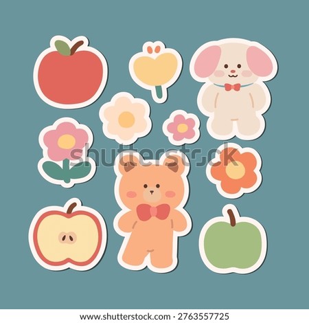 Cute Sticker Set of Cute Dog And Bear With Flower And Apple Elements Vector. Cute Dog And Bear Sticker Set With Flowers And Apple. Kawaii Animal Clipart Collection. Cute Animal Sticker Design for Scrapbooking, Kids Projects, And Creative Decoration. 