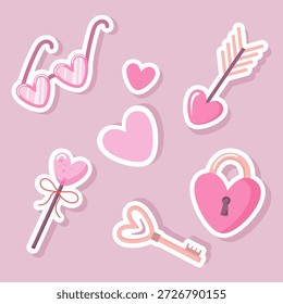 Lindo conjunto de pegatinas con corazones, cerradura, llave, flecha y gafas en forma de corazón. Divertida Ilustración vectorial romántica perfecta para tarjetas de San Valentín, regalos, Anuncios, proyectos digitales y decoración.