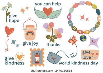 A cute sticker set with kindness thanks and love. Concept of kindness, love, thanks, hope and joy. Includes phrases and illustrations.