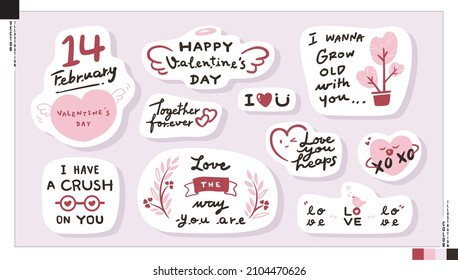 Cute sticker set of love lettering quotes, Valentine's Day concept. Vector illustration for web, print, scrapbook, card, etc. 