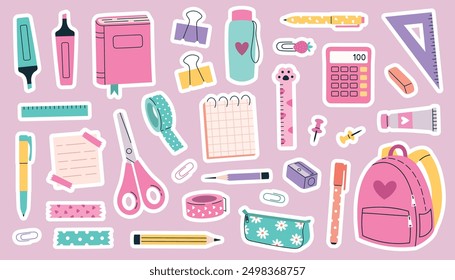 Cute sticker set of school supplies. Vector set. Backpack, book, pens, pencils, calculator