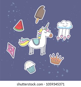 cute sticker set with unicorn, ice cream etc