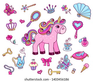 Cute sticker set with unicorn isolated on the white. Vector cartoon illustration.