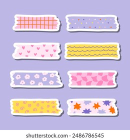 Cute sticker set of washi tape stripes with squiggle, geometry and abstract pattern for planners, notebooks. Ready for print list of stickers with cartoon adhesive scotch tape with ragged edges.