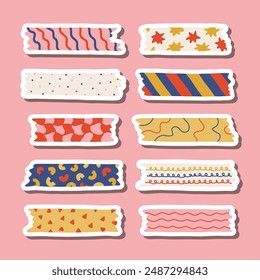 Cute sticker set of washi tape stripes with squiggle, geometry and abstract pattern for planners, notebooks. Ready for print list of stickers with cartoon adhesive scotch tape with ragged edges.