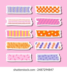 Cute sticker set of washi tape stripes with squiggle, geometry and abstract pattern for planners, notebooks. Ready for print list of stickers with cartoon adhesive scotch tape with ragged edges.