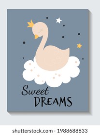 Cute sticker of sleeping dove with sweet dreams lettering on blue background. Concept of positive short phrase poster. Flat cartoon vector illustration