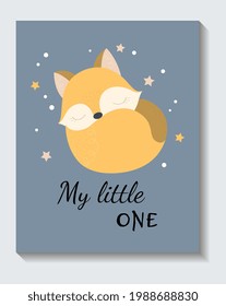 Cute sticker of sleeping fox with my little one lettering on blue background. Concept of positive short phrase poster. Flat cartoon vector illustration