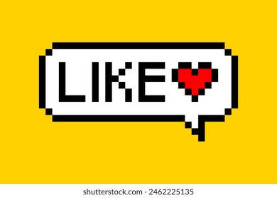 Cute sticker for social networks in pixel style. Call-To-Action speech bubble with the inscription: "like" and a heart. 8 bit element on a yellow background, button for blog.