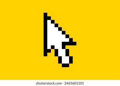 Cute sticker for social networks in pixel style. Call-To-Action computer mouse pointer icon. 8 bit element on a yellow background, button for blog.