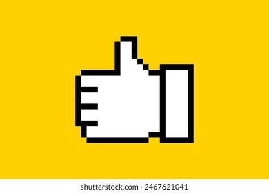 Cute sticker for social networks in pixel style. Call-To-Action icon with like hand. 8 bit element on a yellow background, button for blog.