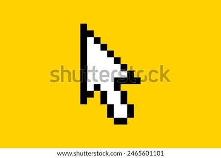 Cute sticker for social networks in pixel style. Call-To-Action computer mouse pointer icon. 8 bit element on a yellow background, button for blog.