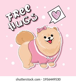 Cute sticker spitz dog girl and lettering free hugs on a pink background. Vector cartoon illustration. Birthday card