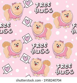 Cute sticker spitz dog girl and lettering free hugs on a pink background seamless pattern. Vector cartoon illustration. Birthday card