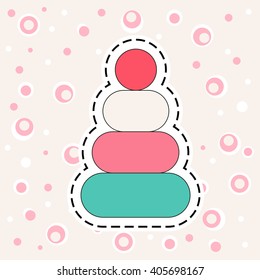 A cute sticker of a stacking rings pyramid toy, designed with a dashed outline. This educational baby icon is perfect for nursery art, scrapbooking, or learning-themed designs for children.