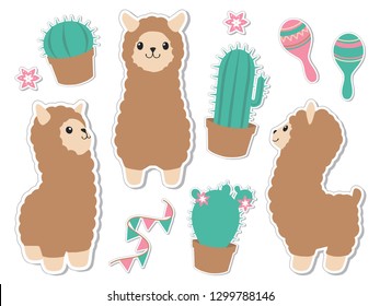 Cute sticker style collection of vector graphic brown fluffy  alpacas or llamas with cuctus rumba shakers and flowers