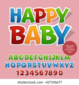 Cute sticker styled set of  alphabet letters, numbers and punctuation symbols. Vector sample with text Happy baby