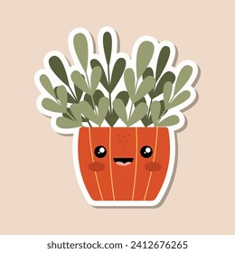 Cute sticker succulent with funny face in pot. Plant sticker  template for children