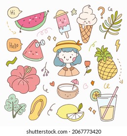 Cute sticker verano set doodle e higge. Conjunto de colección de planificadores de iconos dibujados a mano.
