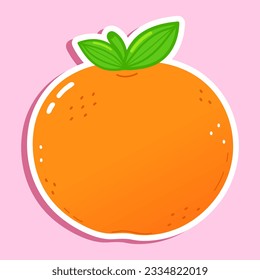 Cute Aufkleber Tangerine Obstzeichen. Vektorhandgezeichnete Cartoons kawaii Zeichentricksymbol. Einzeln auf rosafarbenem Hintergrund. Mandarin-Zeichenkonzept