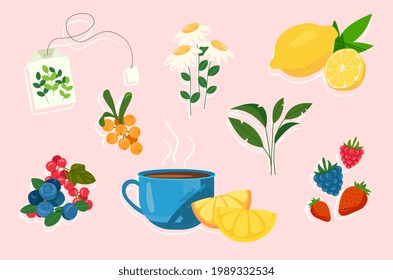 Cute sticker of tea ceremony with fruits and berries on pink background. Concept of afternoon tea time. Tea bag, cup and variety of berry branches. Flat cartoon vector illustration