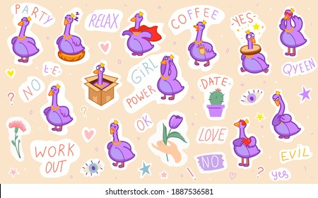 
Cute sticker sticker template, decorated with cartoon goose and trendy lettering. Signs, symbols, objects for a planner or organizer, text.