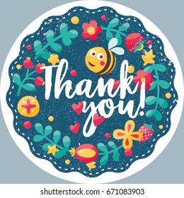 Cute sticker thank you with flowers, bee, plant, leaf, nature, wildlife, set, love, heart, strawberry