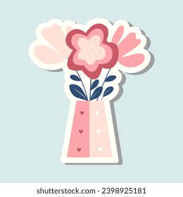 Cute sticker vector pot with hearts. Valentines day vase with flowers. Romantic vector icon in pastel colors