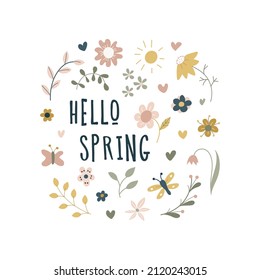 Pegatina con las palabras Hola primavera y hermosas flores primavera, hojas. Para el diseño de postales. Dibujado a mano. Ilustración del vector