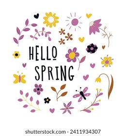 Cute sticker with the words Hello spring and beautiful spring flowers, leaves. For postcard design. Hand drawn. Vector illustration
