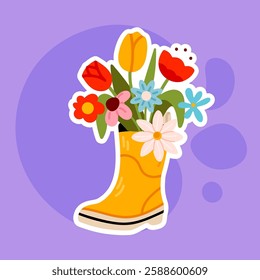 A cute sticker of a yellow rubber boot filled with colorful flowers. Great for seasonal greeting cards, digital decor, and nature-themed projects.