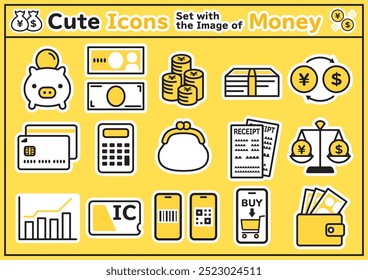 Ícones bonitos tipo adesivo com a imagem de dinheiro, finanças e economia.