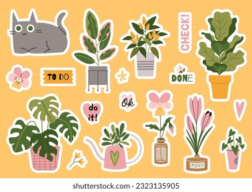 Cute stickerpack with natural plant elements and trendy lettering, cartoon style. Houseplants, flowers and cat. Urban Cozy home. Set of stickers for planner and diaries, vector flat illustration