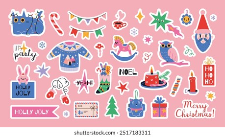 Cute stickerpack with New Year and Christmas attributes and trendy lettering in bright colors. Set of stickers for planner and diaries, vector flat illustration. Decorations for gift and postcards