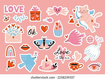 Cute stickerpack with Valentines Day, Love theme attributes and trendy lettering, cartoon style. Set of stickers for planner and diaries, vector flat illustration. 