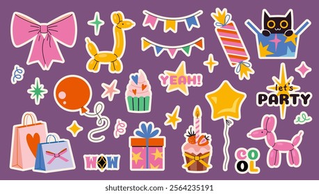 Cute stickers with bright Festive party decor. Celebration set with balloons, sweets, gifts, garland, lettering and stars. Stickerpack for planner. Trendy modern vector illustration, hand drawn, flat