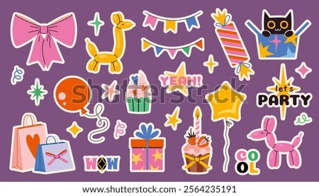 Cute stickers with bright Festive party decor. Celebration set with balloons, sweets, gifts, garland, lettering and stars. Stickerpack for planner. Trendy modern vector illustration, hand drawn, flat