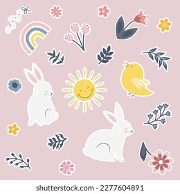 Cute stickers with bunny, flowers, leaves and chicken. Stickers for happy easter