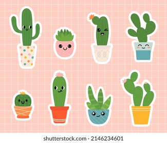 Cute stickers with cactus plant in pots with cute faces. Indoor plants in a flat style. Vector illustration set.