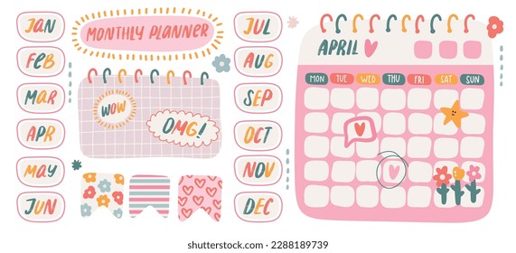 Etiquetas personalizadas y plantilla de calendario para el planificador mensual. Elementos kawaii de la tipografía del mes del año. Notas de papel en blanco, lista de tareas pendientes para el programa o el organizador