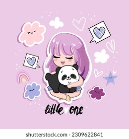 Cute stickers with cartoon anime girl and panda toy on a purple background. Vector art illustration print for t-shirt and pajamas. Concept birthday