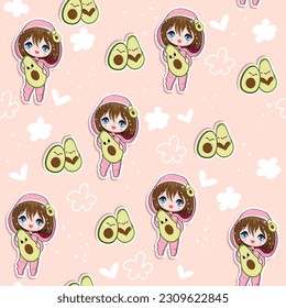 Cute stickers with cartoon anime girl and avocado on a pink background seamless pattern. Vector illustration print for children t-shirt