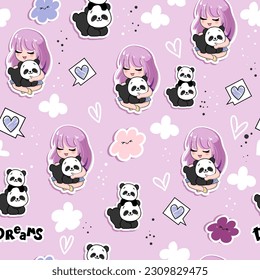 Cute stickers with cartoon anime girl and panda toys seamless pattern on a purple background. Vector art illustration print for t-shirt and pajamas. Concept birthday